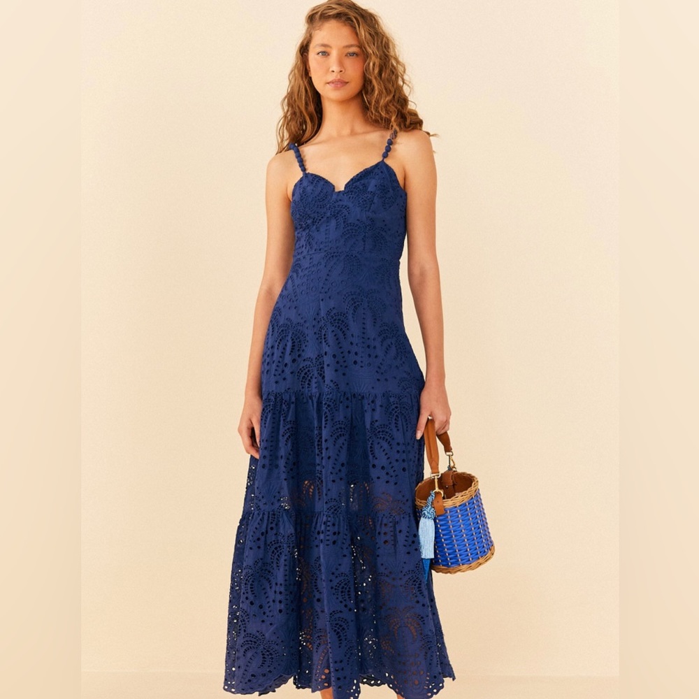 FARM Rio Deep Blue Palm Tree Richelieu midi dress new with tags